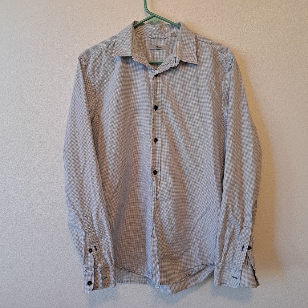 7 For All Mankind Mens Navy White Micro Grid Cotton Button Down Shirt